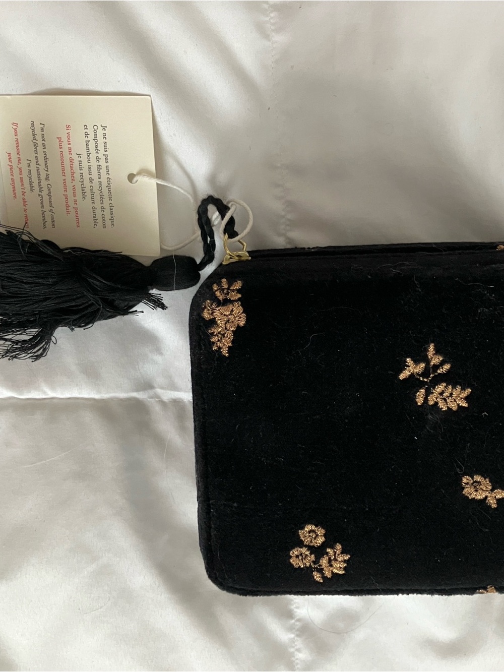 Sezane Black Velvet Floral Embroidered Jewelry Case, Large